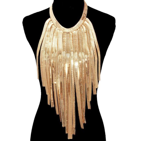 Gold Long Fringe Metallic Statement Necklace Fall 2025 - Picture 6 of 8